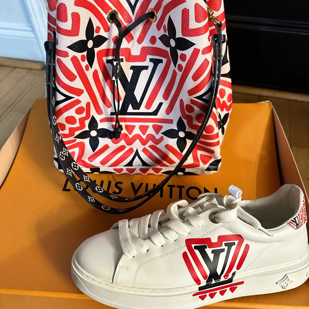 Louis Vuitton Red and White Graphic Backpack and Sneakers